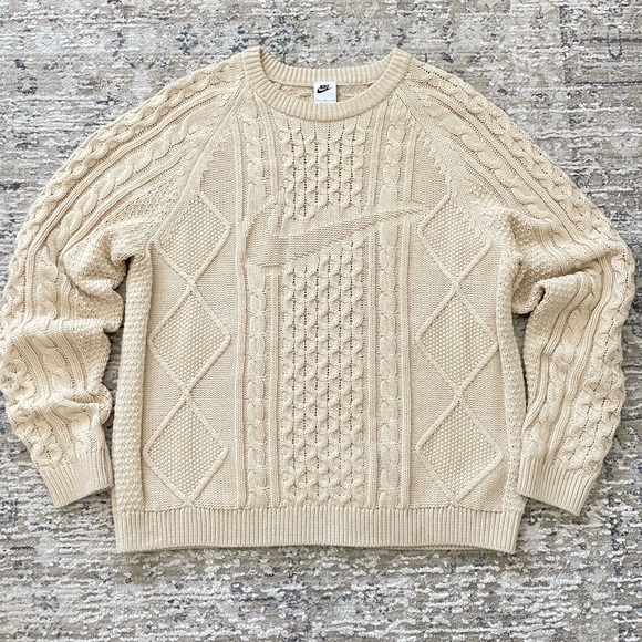 Nike Other - NIKE Wool Blend Cable Knit Chunky Sweater Mens S Cream / Light Beige